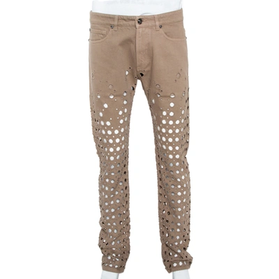 Pre-owned Versace Beige Denim Perforated Straight Leg Jeans L