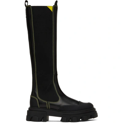 Ganni Rubber-trimmed Leather Chelsea Knee Boots In Black