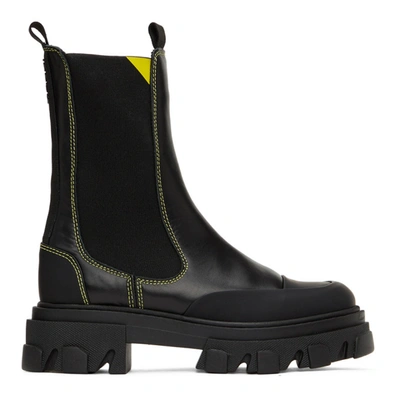 Ganni Black Mid Chelsea Boots In Black,yellow