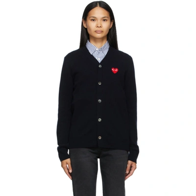 Comme Des Garçons Play Navy Wool Heart Patch V-neck Cardigan In Black