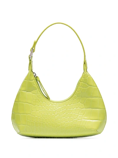 By Far 'mini Amber' Croc Embossed Leather Shoulder Bag In Green