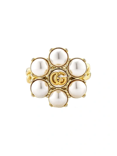 Gucci Gold Tone Pearl Double G Ring