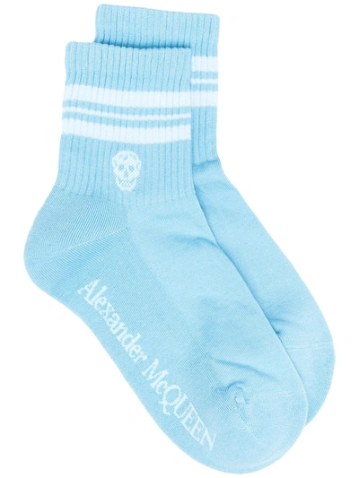 Alexander Mcqueen Blue & White Stripe Skull Sport Short Socks In Bluette/ White