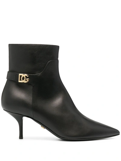 Dolce & Gabbana Logo-embellished Leather Ankle Boots In Black