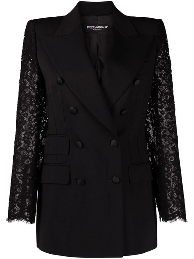 Dolce & Gabbana Double-breasted Topstitched Wool-blend And Lace Blazer In Black