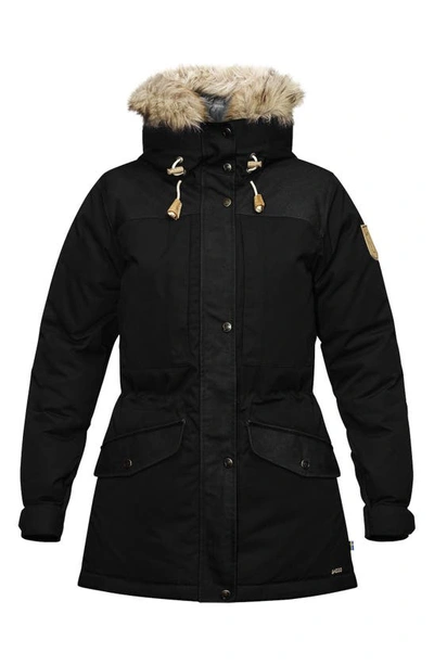 Fjall Raven Singi 600 Fill Power Down Jacket With Faux Fur Trim In Black
