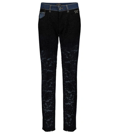 Dolce & Gabbana Lace-paneled High-rise Slim Jeans In Blue