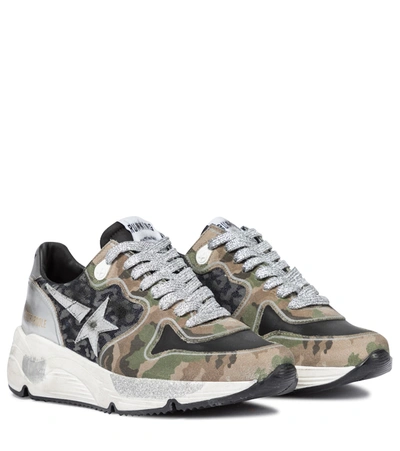 Golden Goose Running Sole Printed Leather Trainers In Green