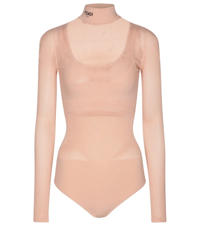 Fendi Long-sleeve Jersey-mesh Bodysuit And Bra Set In Nude & Neutrals