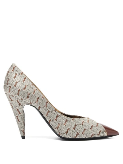 Saint Laurent Lola Point-toe Ysl-jacquard Pumps In Brown