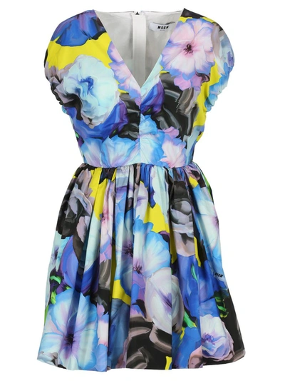 Msgm Floral Print Mini Dress In Blue Flower Print