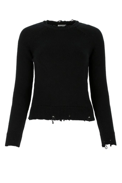 Saint Laurent Distressed Cotton Sweater In Black