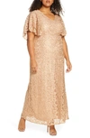 Kiyonna Celestial Cape Sleeve Lace Gown In Champagne