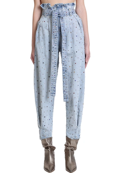 Red Valentino Rhinestone Embroidered Denim Trousers In Blue