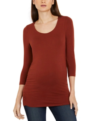 A Pea In The Pod Luxe Side Ruched 3/4 Sleeve Maternity T Shirt In Brandy Brown