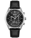 Hugo Boss Men's Chronograph Champion Black Leather Strap Watch 44mm In Silver