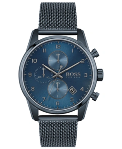 HUGO BOSS MEN'S CHRONOGRAPH SKYMASTER BLUE ION-PLATED MESH STEEL BRACELET WATCH 44MM