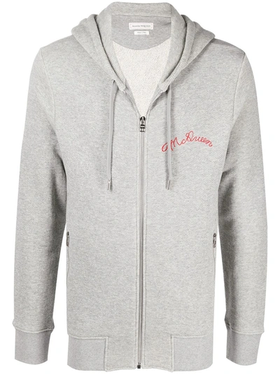 Alexander Mcqueen Embroidered Logo Zip-up Hoodie In Grey