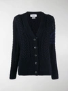 THOM BROWNE ARAN CABLE RELAXED V NECK CARDIGAN W/ 4 BAR IN FINE MERINO WOOL,14832088