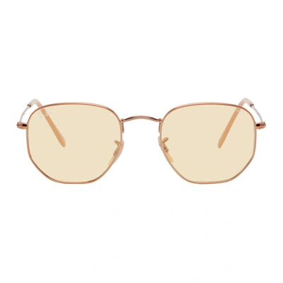 Ray Ban Rose Gold Hexagonal Flat Sunglasses