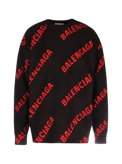 Balenciaga Logo Intarsia Cotton-blend Sweater In Black