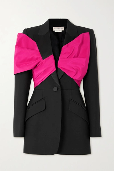 Alexander Mcqueen Bicolor Shirred Bow Wool-blend Jacket In Black