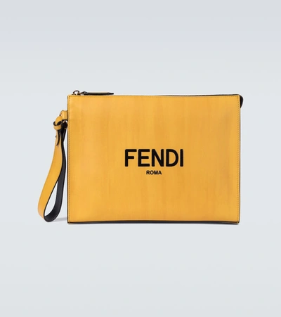 Fendi Logo Leather Pouch In Yellow