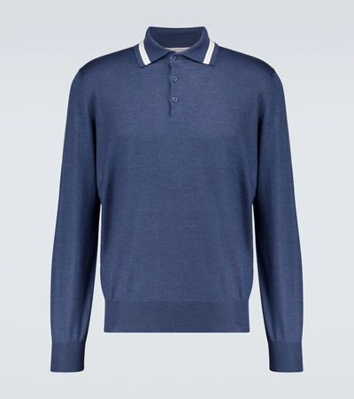 Brunello Cucinelli 羊绒混纺长袖polo衫 In Blue