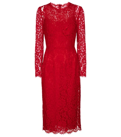 Dolce & Gabbana Floral Lace Long-sleeve Midi Dress In Rot