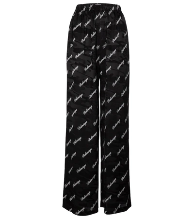 Balenciaga Logo Script Jacquard Silk Wide Leg Pants In Black