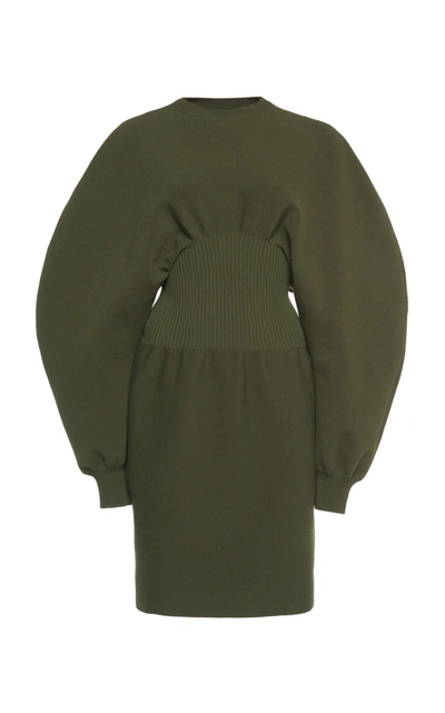 Bottega Veneta Puff Sleeve Compact Stretch Wool Dress In Green