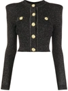 Balmain Button-embellished Metallic Jacquard-knit Cardigan In Black