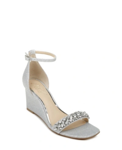 Jewel Badgley Mischka Peggy  Womens Ankle Strap Square Toe Wedge Heels In Silver Glitter