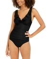 Dkny Ruffle Plunge Underwire Tummy Control One-piece Swimsuit, Created For Macy's In Black