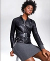 ALFANI PETITE BELTED LEATHER JACKET, CREATED FOR MACY'S