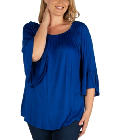 24seven Comfort Apparel Women's Plus Size Flared Long Sleeves Henley Tunic Top In Blue