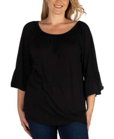 24seven Comfort Apparel Women's Plus Size Flared Long Sleeves Henley Tunic Top In Black