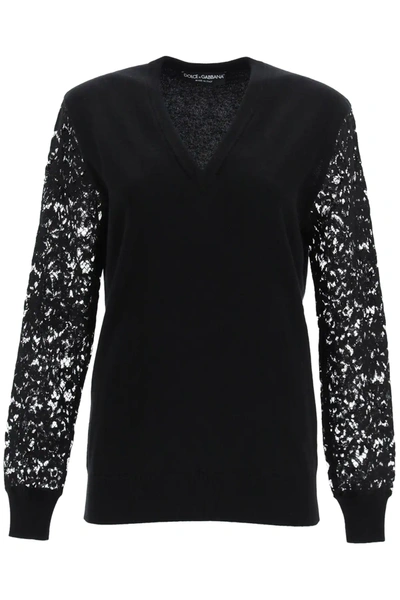 Dolce & Gabbana Lace-sleeves Wool Sweater In Black