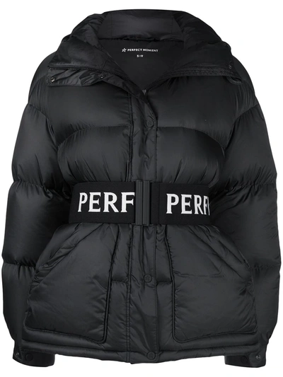 Perfect Moment Intarsia Knit-logo Belted Puffer Jacket In Black