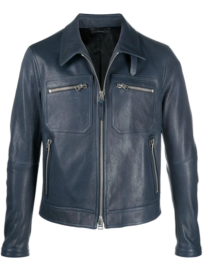 Tom Ford Men's Worked Lamb Leather Blouson Jacket In Blue
