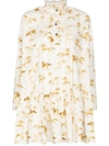 Ganni Animal Print Ruffle Collar Long Sleeve Organic Cotton Poplin Dress In White