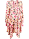 Stella Mccartney Watercolor Floral Print Long-sleeve Asymmetrical Dress In Pink
