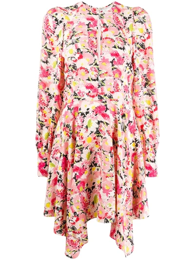 Stella Mccartney Watercolor Floral Print Long-sleeve Asymmetrical Dress In Neutral