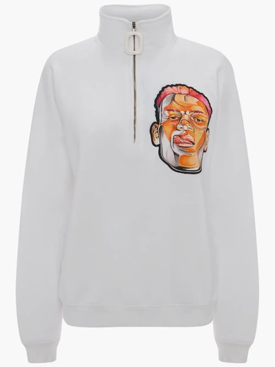 Jw Anderson Embroidered Face Half-zip Sweater In White
