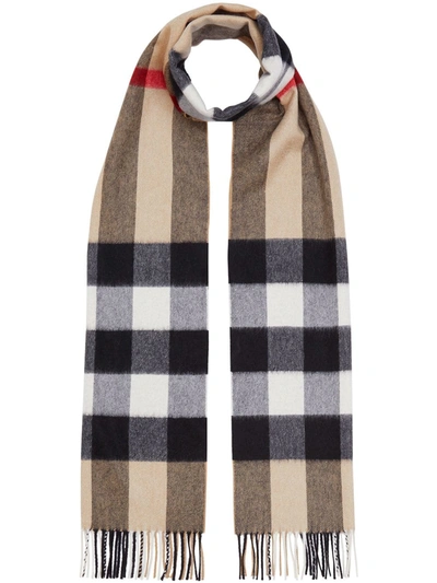 Burberry Mega-check Fringed Cashmere Scarf In Beige