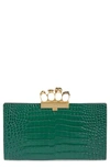 ALEXANDER MCQUEEN FOUR-RING KNUCKLE CLASP CROC EMBOSSED LEATHER CLUTCH,5705821HB00