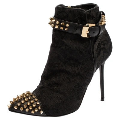 Pre-owned Philipp Plein Phillip Plein Black Lace And Leather Studded Cap Toe Ankle Booties Size 37