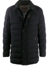 Moorer Padded Dark Blue Virgin Wool Parka With Stand-up Collar In Blue