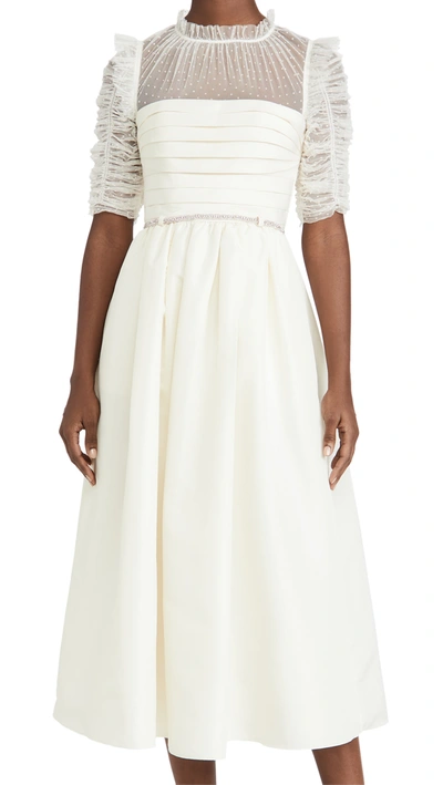 Self-portrait Pleated Taffeta And Ruched Polka-dot Flocked Tulle Midi Dress In White