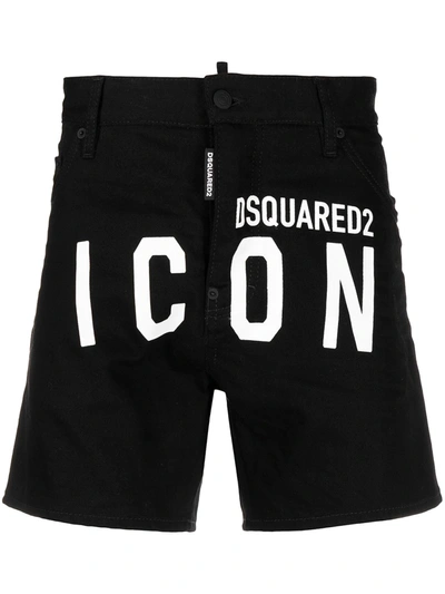 Dsquared2 Icon Print Commando Bull Denim Shorts In Black